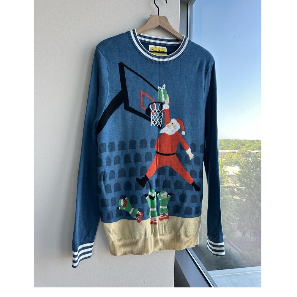 Tipsy Elves Blue Knit Pullover Sweater Santa Basketball Women's L